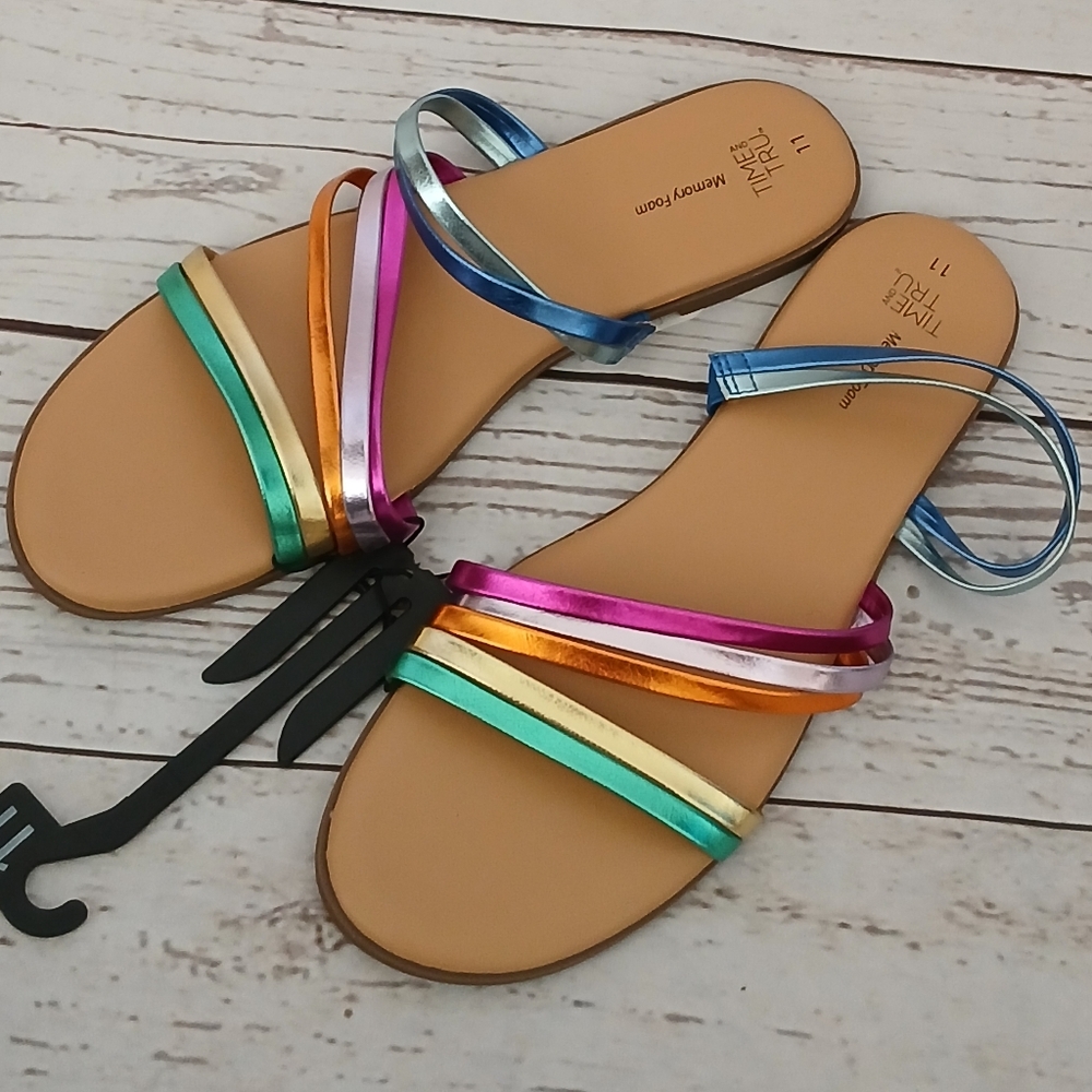 Time and Tru women's vinyl core strappy sandals multi rainbow size 11